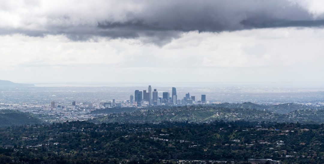 Dark storm clouds above Los Angeles in Southern California.